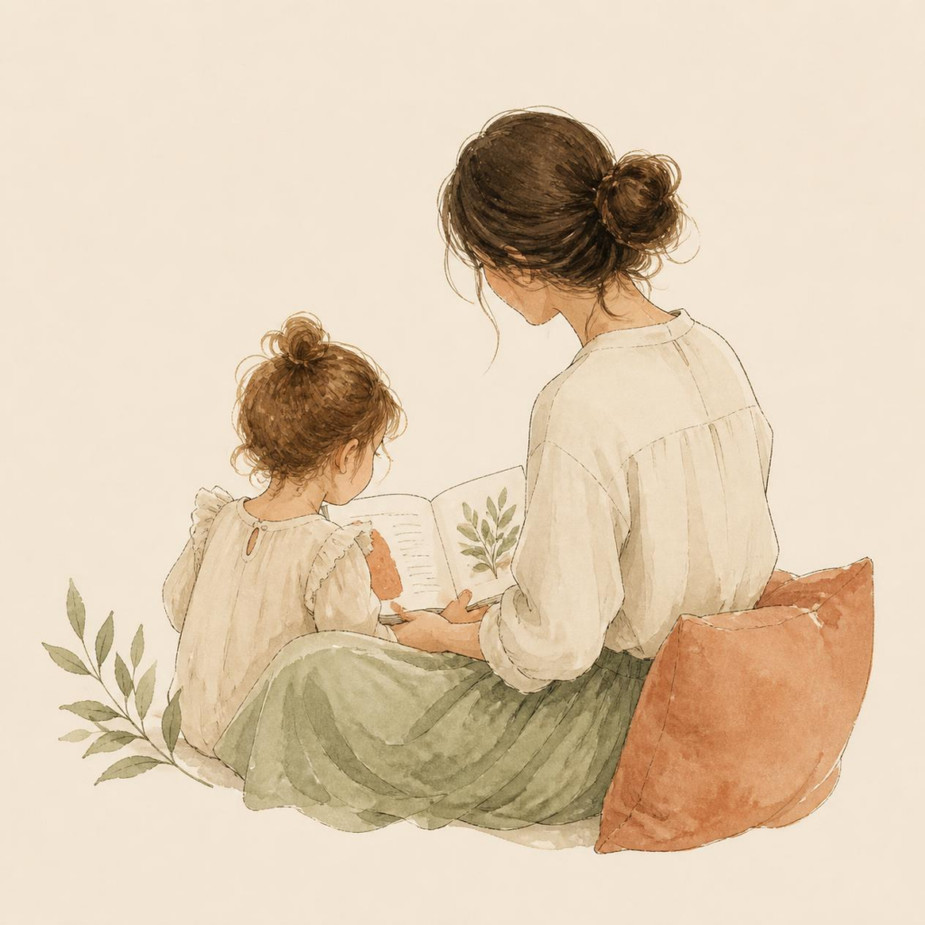 Illustration d'une mère lisant avec son enfant.